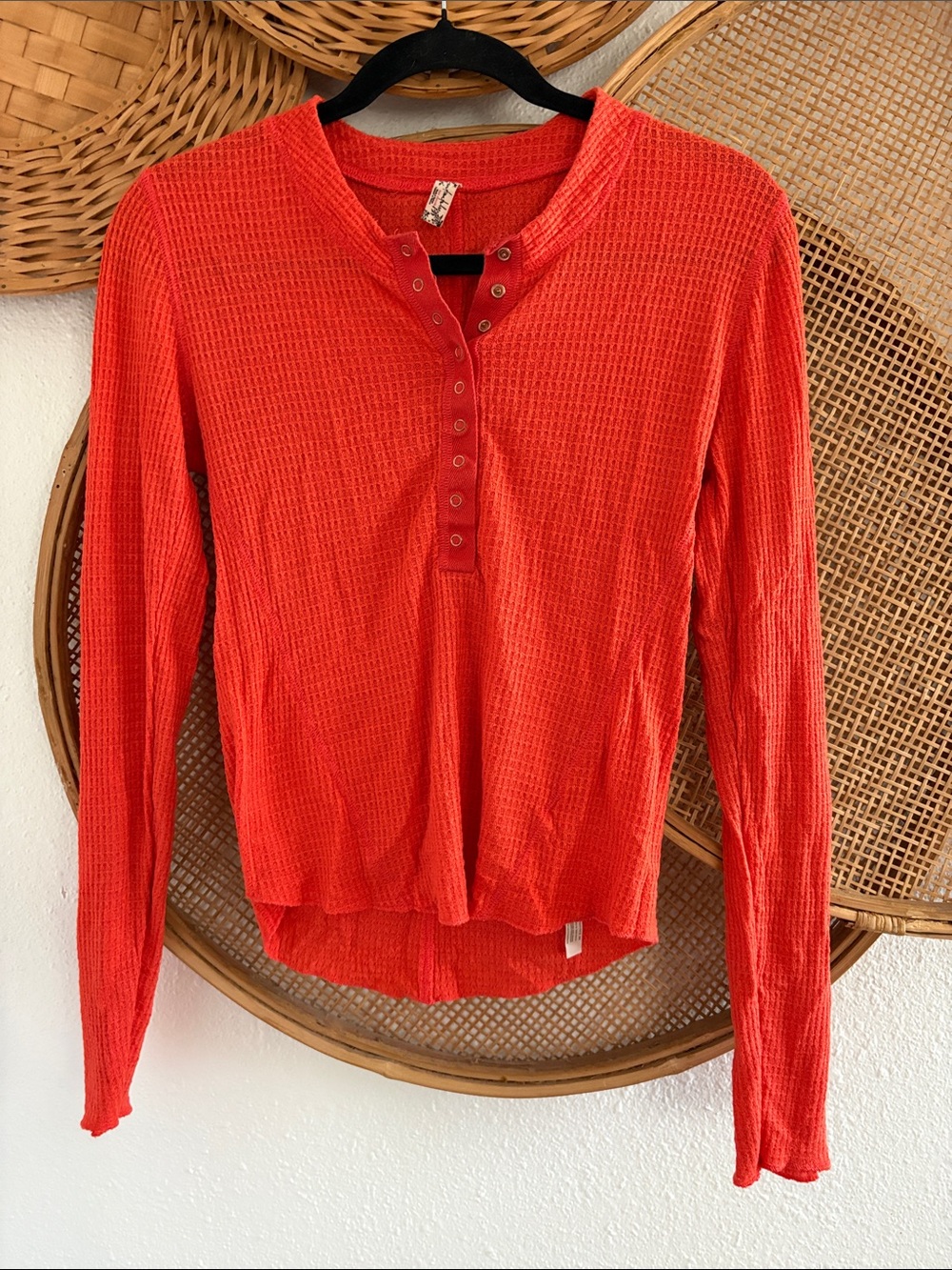 Free People Intimates Waffle Henley Long Sleeve Top - Orange-Red